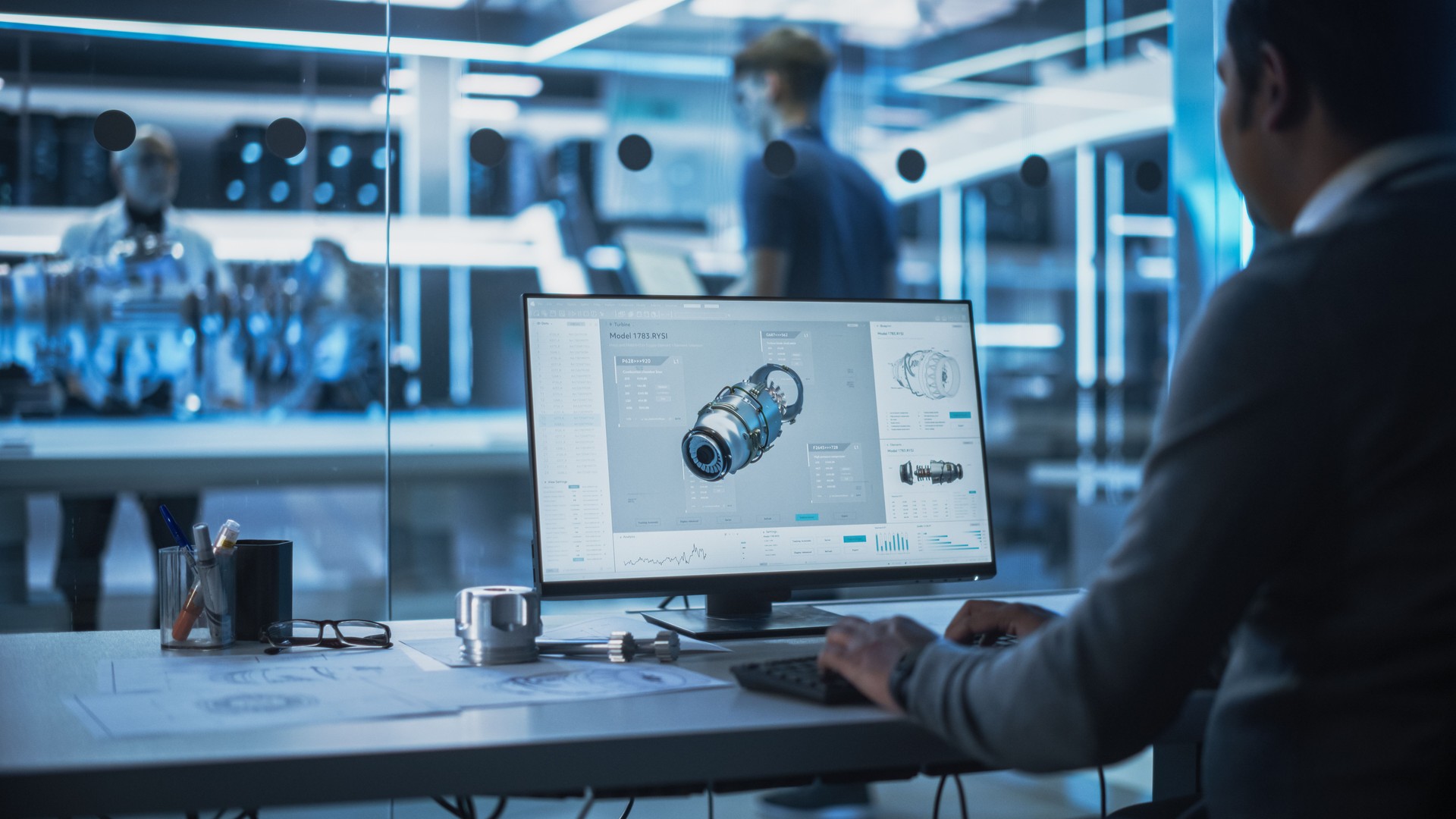 Computer Monitor Display with 3D CAD oftware with Prototype Turbine Motor Project. Interface with Vital Setting and Programming Options for the Industrial Engine Prototype.